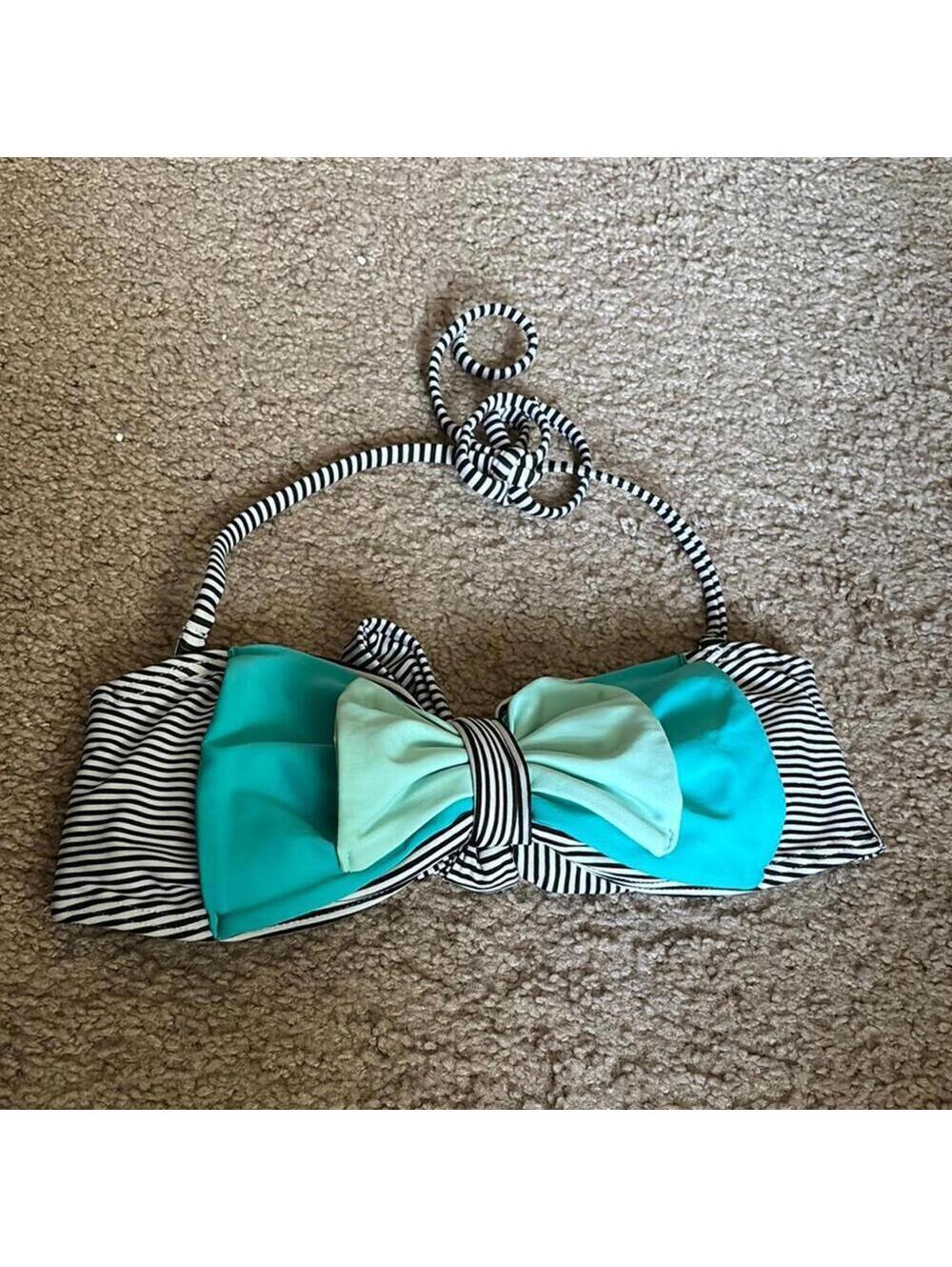 💕Black and white striped bandeau bikini top Blue bow removable strap swim beach